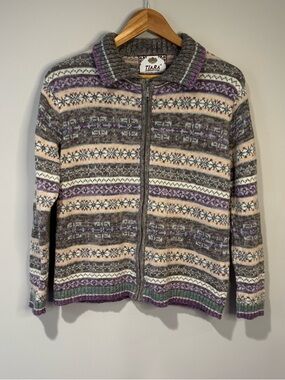 Tiara International Vintage Fair Isle Full Zip Sweater Purple Grey Cream Size S